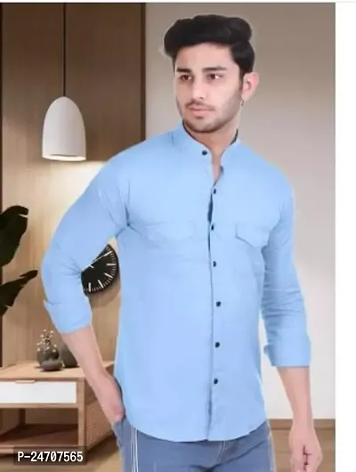 Stylish Blue Cotton Blend Solid Casual Shirt For Men-thumb0