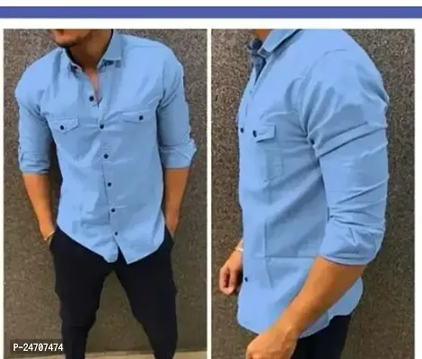 Stylish Blue Cotton Blend Solid Casual Shirt For Men