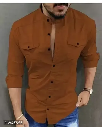 Stylish Brown Cotton Blend Solid Casual Shirt For Men