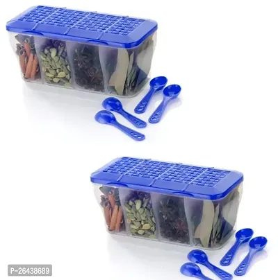 Super 4 Section Container For Vegetable, Spices, Pickle, Tea, Suger, Grocery, Dryfruits Storage With Spoon And Attached Lid Material Plastic Pack Of 2-thumb0