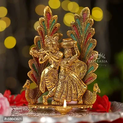 Expleasia Dancing Radha Krishna with Peacock Feather Back Decorative Showpiece - 20 cm (Metal, Gold) (Metal-RadhaKrishna)