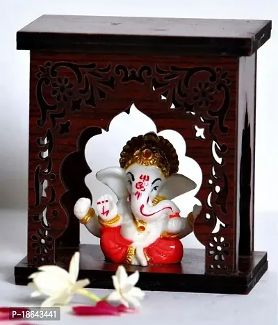 Expleasia, Exuberant  Luxury Decor Ganesha Idol With Wooden Temple For Home Mandir, Temple, Car Dashboard Temple, Gift Items (Ganesha Temple 2)