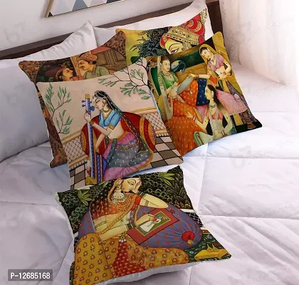 b7 CREATIONS Rajasthani Royal Decor Ethnic Decorative Throw/Pillow Covers, Digital Print Cushion Covers in Jute Fabric for Living Room, Bed Room, 16 x 16 inch (Set of 5- Royal Design Cases)-3116-thumb0