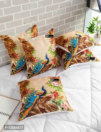 b7 CREATIONS | Indian Traditional Peacock Digital Printed Design in Jute Fabric Throw/Pillow Covers, Cushion Covers for Living Room, Bed Room  Sofa 16 inch times; 16 inch or 40x40 cm Set of 5 | B7_CU_2081_16