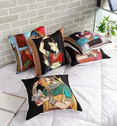 b7 CREATIONS Digital Printed Poly Canvas Cushion Cover (Multicolour, Design-14, 16 x 16 Inch) Set of 5