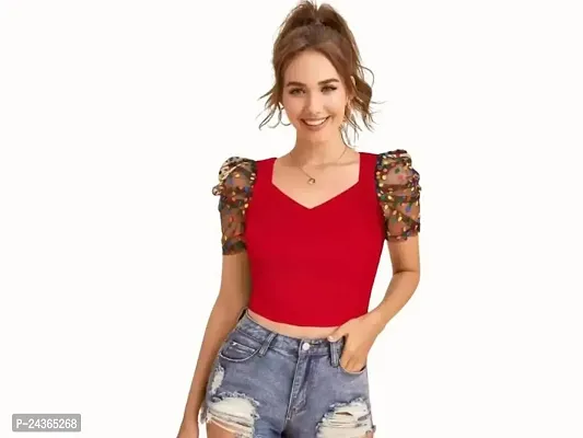 FREEDOM FASHION Women's Crop V Neck Short Print Net Sleeve Knitted Solid Top (X-Large, Red)