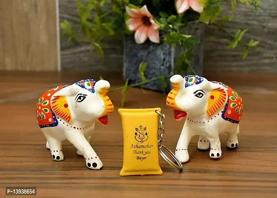 Handmade Elephant Figurine Set of 2 for Living Room Decor and Gift Decorative Showpiece - 8 cm (Paper Mache, White Orange)