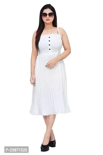 Stylish White Cotton Blend Solid Fit And Flare Dress For Women