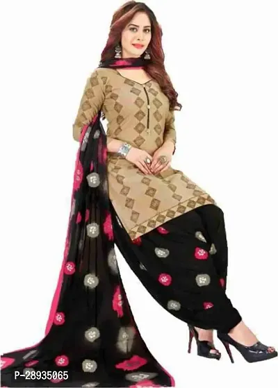 Elegant Beige Poly Crepe Dress Material with Dupatta For Women-thumb0