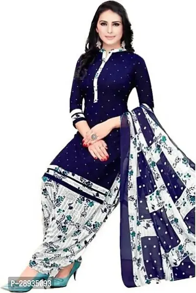 Elegant Navy Blue Poly Crepe Dress Material with Dupatta For Women-thumb0