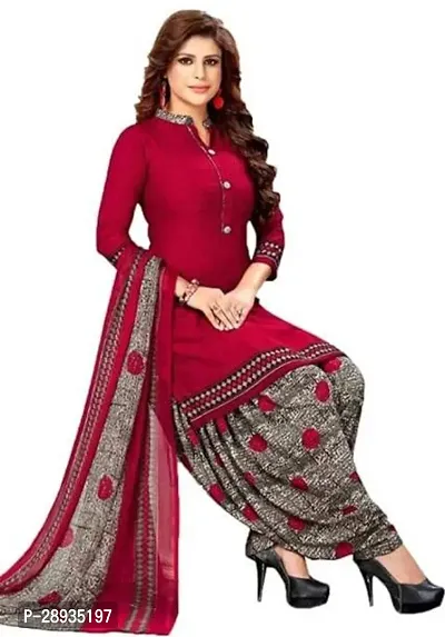 Elegant Red Poly Crepe Dress Material with Dupatta For Women