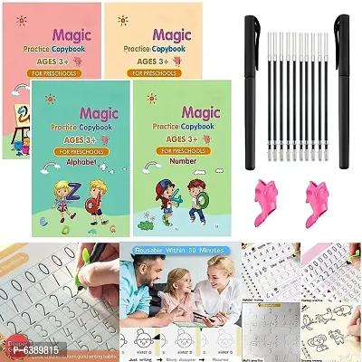 Magic Practice Copybook, (4 BOOK + 10 REFILL+ 2 pen +2 grip) Number Tracing Book for Preschoolers with Pen, Magic Calligraphy Copybook Set Practical Reusable Writing Tool Simple Hand Lettering-thumb0