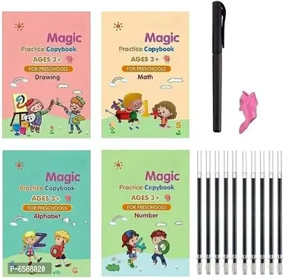 Sank Magic Practice Copybook, Number Tracing Book for Preschoolers with Pen, Magic Calligraphy Copybook Set Practical Reusable Writing Tool Simple Hand Lettering (4 BOOK + 10 REFILL)-thumb0