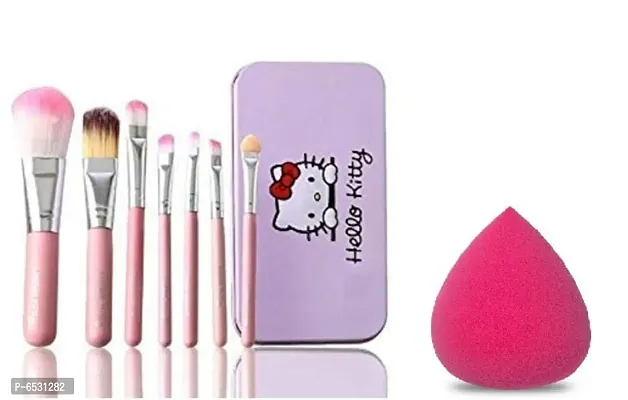 Makeup Brushes With Hello Kitty Print Storage Box and Makeup Blending Puff Sponge - Pink , Pack of 7 , Kitty-thumb0