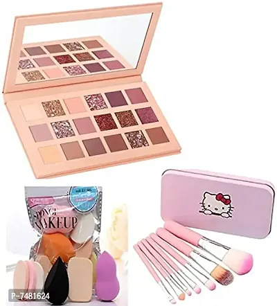 HOT BEAUTY COMBO OF NUDE EYESHADOW,PINK HELLO KITTY 7 BRUSH AND PUFF FAMILY