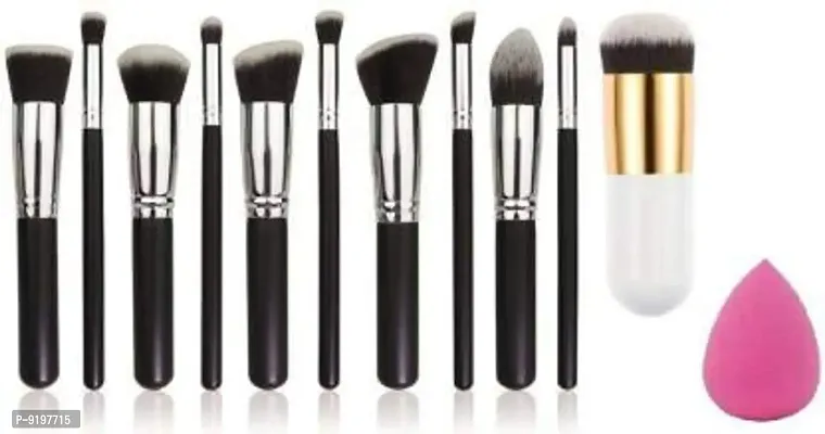 Hot Beauty Combo of 10 piece black brush and 1 piece capsule foundation brush and 1  piece make up puff