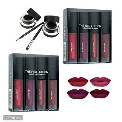 hot beauty combo of  Combo Of 2 In 1 Gel Eyeliner And Waterproof Black and brownl  (Set Of 2) 4 Shade Mini Red Edition Liquid Lipstick For Girls  Women.