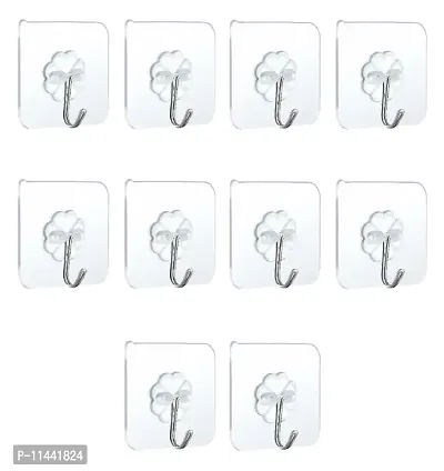 Waterproof Stick on Adhesive Stronger Plastic Wall Hooks Hangers for Hanging Robe, Coat, Towel, Keys, Bags, Lights, Calendars, Max Load 15 kg - Pack of 10, Transparent