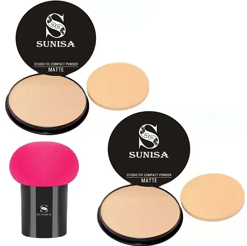 SUNISA 2 Pcs Studio Fix Natural Shade Matte Full Coverage Compact Powder and 1 Black Mushroom Head Beauty Blender - (Pack of 3)