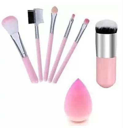 SUNISA Pink 7 Pcs Soft Pink Makeup Brushes Set and 1 Pink Foundation Brush with 1 Pink Beauty Blender Womens & Girls - (Pack of 7)