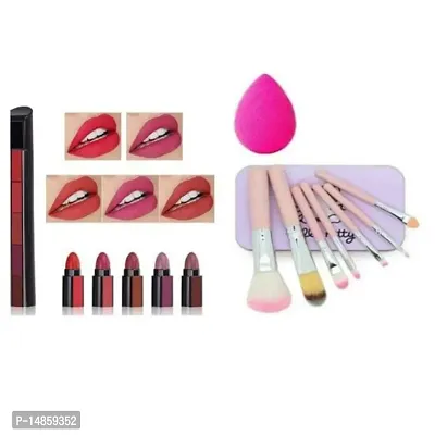 hot beauty combo of 7 Pink Makeup Brushes Set with Multicolor 5 Shades Lipsticks in 1 and Pink Beauty Blender - (Pack of 9)