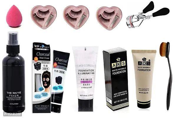 hot beauty combo of  Face Makeup Fixer with Charcoal Mask  Base Primer, Ads White Invisible Foundation  3 Eyeless Inside Glow with 01 Eye Curler for Eyeless  01 Beauty Blender + 01 Foundation|All B