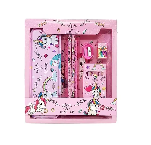 Store Unicorn Stationary Set Unicorn Pencil Box, Pencil Sharpener Eraser Scale Cryon Kit, Gift Set for Girls Kids - Pink