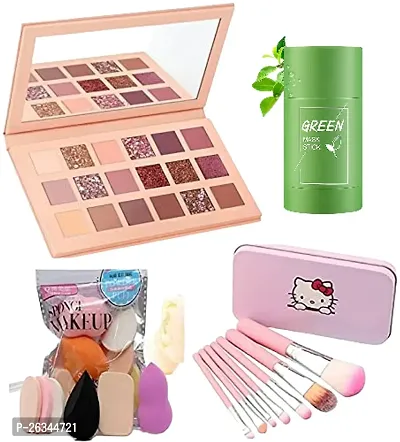 hotbeauty Nude Eyeshadow 18 Color Palette in 1 Set With Hello Kitty Pink Brush Set 7ps  6ps puff set,  green  face mask-thumb0