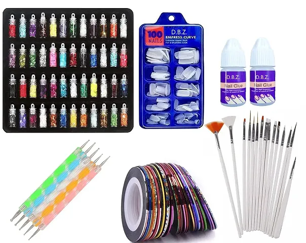 HOT BEAUTY Nail Art Kit Glass Bottles Glitter Stones, 100 Nails, 10 Nail Tapes, 15 Nail Art brush, 5 Nail Dotting Pen with 2 Glue - 48 Pieces