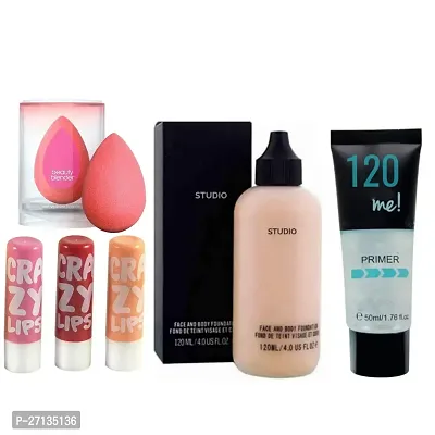 hot beauty PROFESSIONAL FOUNDATION, PRIMER, LIP BALM  BLENDER. COMBO (PACK OF 4)