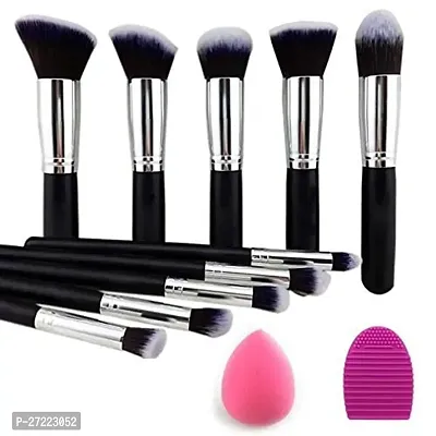 hotbeauty Premium Synthetic Kabuki Foundation Face Powder Blush Eyeshadow Brush Makeup Brush Kit with Blender Sponge and Brush Cleaner (10 pcs, Black/Silver)