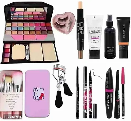 TYA 6155 Makeup Kit with 7 Pink Makeup Brush, Contour, Primer, Matte Fixer, Foundation, Kajal, 36H Eyeliner, 3in1 Eyeliner Combo,Eyelashes, Glue and Curler - (Pack of 11)-thumb0