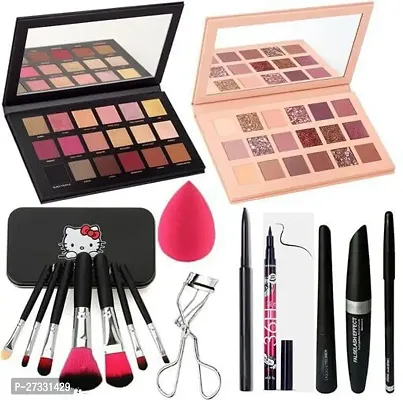 hot beauty Nude and Rose Gold Edition Eyeshadow Palette, 7 Black Kitty Makeup Brushes Set, 3in1 Eyeliner Combo, Eyelash Curler, 36H Eyeliner, Kajal and 1 Pink Beauty Blender - (Pack of 16)