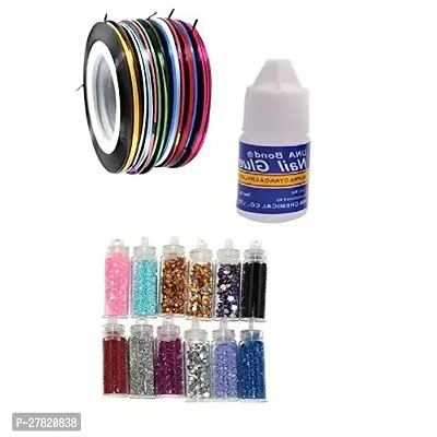 hot beauty  Nail Art Combo of 12 Glitter Bottles, 3 Gm Nail Art Glue and 5 Pieces of Nail