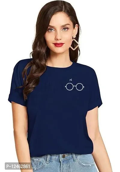 Elegant Navy Blue Cotton Printed Round Neck T-Shirts For Women