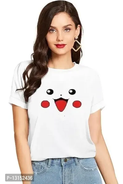 Cintia? Women Print Smile Tshirt | Half Sleve Plain | Regular Fit Ladies T Shirt for Women & Girls | Cotton Shirt for Women | T-Shirt Pickachu White-M-thumb0