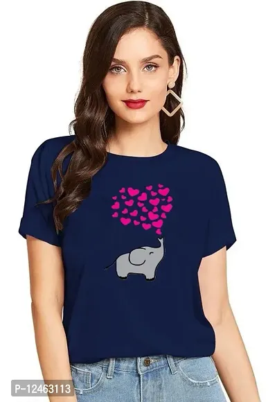 Elegant Navy Blue Cotton Printed Round Neck T-Shirts For Women