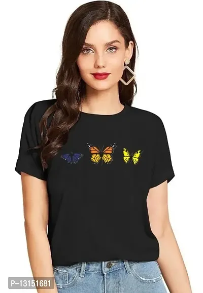 Cintia? Women Print Smile hirt | Half Sleve Plain | Regular Fit Ladies T Shirt for Women & Girls | Cotton Shirt for Women | T-Shirt for Women | 3 YellowButterfly Black-L