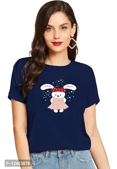 Elegant Navy Blue Cotton Printed Round Neck T-Shirts For Women