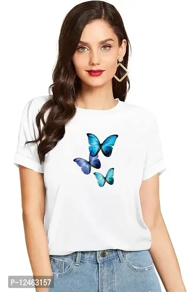 Elegant White Cotton Printed Round Neck T-Shirts For Women