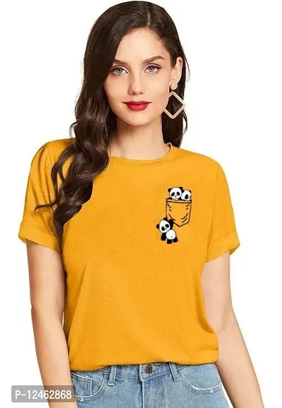 Elegant Yellow Cotton Printed Round Neck T-Shirts For Women