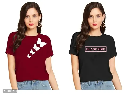 Cintia? Women Print Smile Tshirt | Half Sleve Plain | Regular Fit Ladies T Shirt for Women & Girls | Cotton Shirt for Women | T-Shirt for Women Maroon-Black - Large