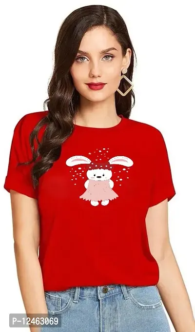 Elegant Red Cotton Printed Round Neck T-Shirts For Women