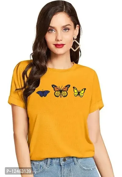 Elegant Yellow Cotton Printed Round Neck T-Shirts For Women