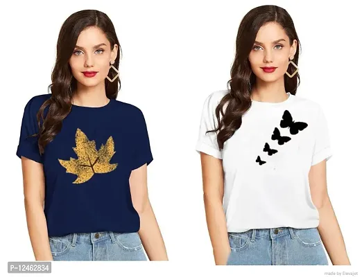 Elegant Cotton Printed Round Neck T-Shirts For Women- Pack Of 2