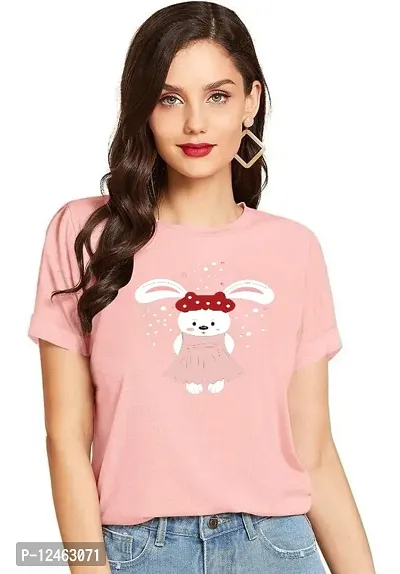 Elegant Pink Cotton Printed Round Neck T-Shirts For Women