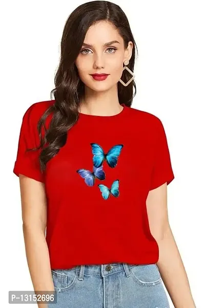 Cintia? Women Print Smile hirt | Half Sleve Plain | Regular Fit Ladies T Shirt for Women & Girls | Cotton Shirt for Women | T-Shirt for Women | Blubtrfly Red-XL