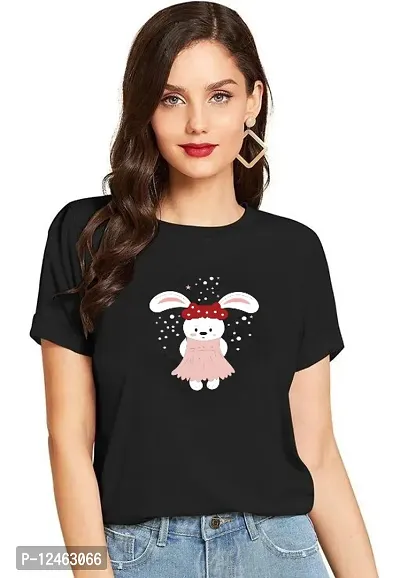 Elegant Black Cotton Printed Round Neck T-Shirts For Women