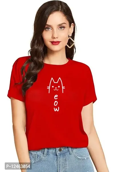 Elegant Red Cotton Printed Round Neck T-Shirts For Women-thumb0