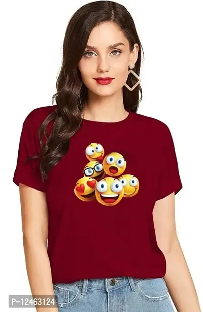 Elegant Maroon Cotton Printed Round Neck T-Shirts For Women